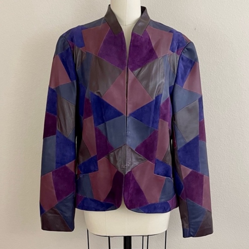 Lafayette 148 Purple Patchwork Leather Suede Jacket Size 12